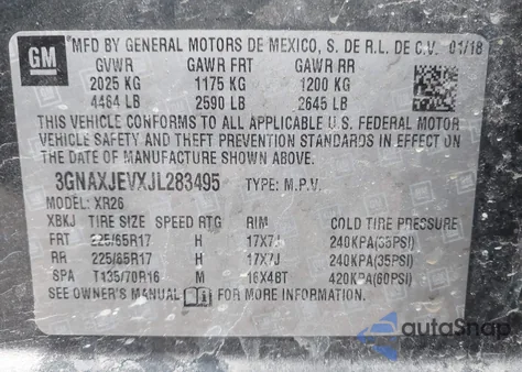 2018 Chevrolet Equinox Lt from USA, damaged, VIN 3GNAXJEVXJL283495